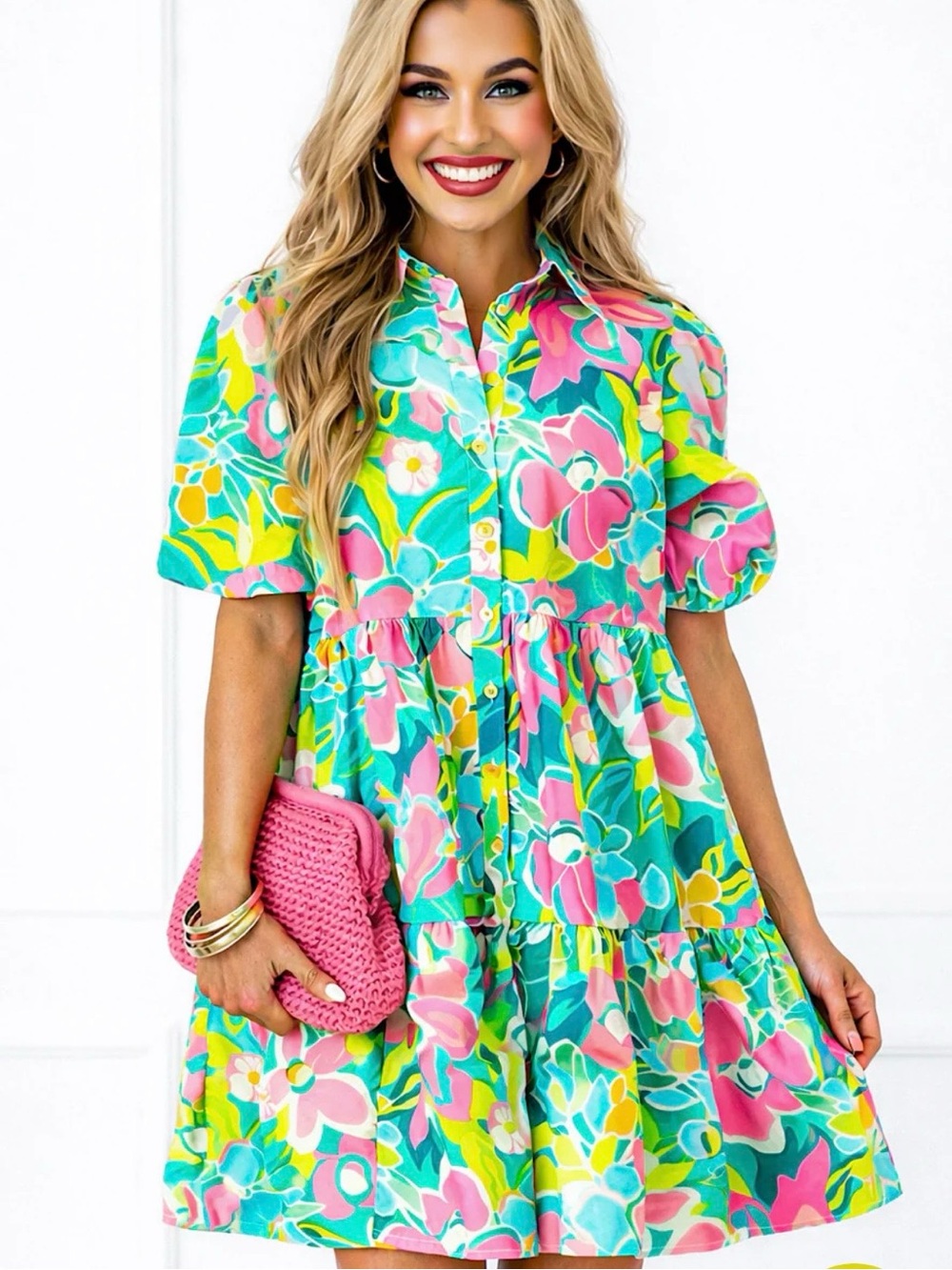 Boutique Vibrant Floral Button-Down Dress